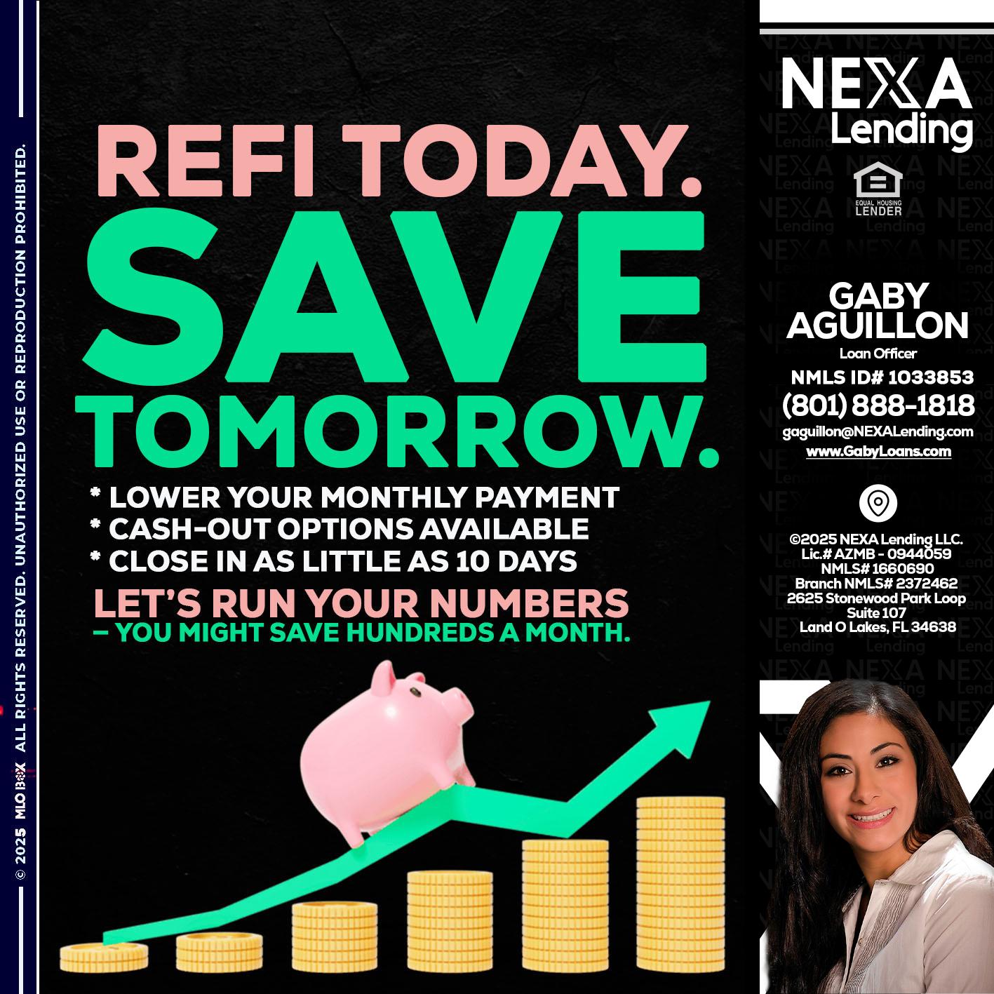 REFI TODAY SAVE TOMORROW - Gaby Aguillon -Loan Officer